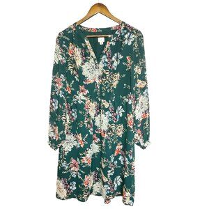A New Day Dark Green Floral Long Sleeve Babydoll Dress Size M